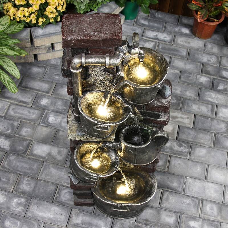5-Tier Outdoor Faucet Waterfall Fountain with LED Lights for Patio and Garden Decor
