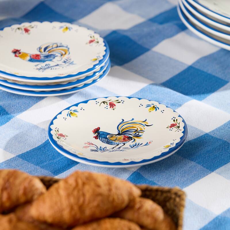 Certified International French Rooster 6" Canape/Luncheon Plates, Set of 4 Assorted Designs - 6.00"L x 6.00"W x 0.75"H