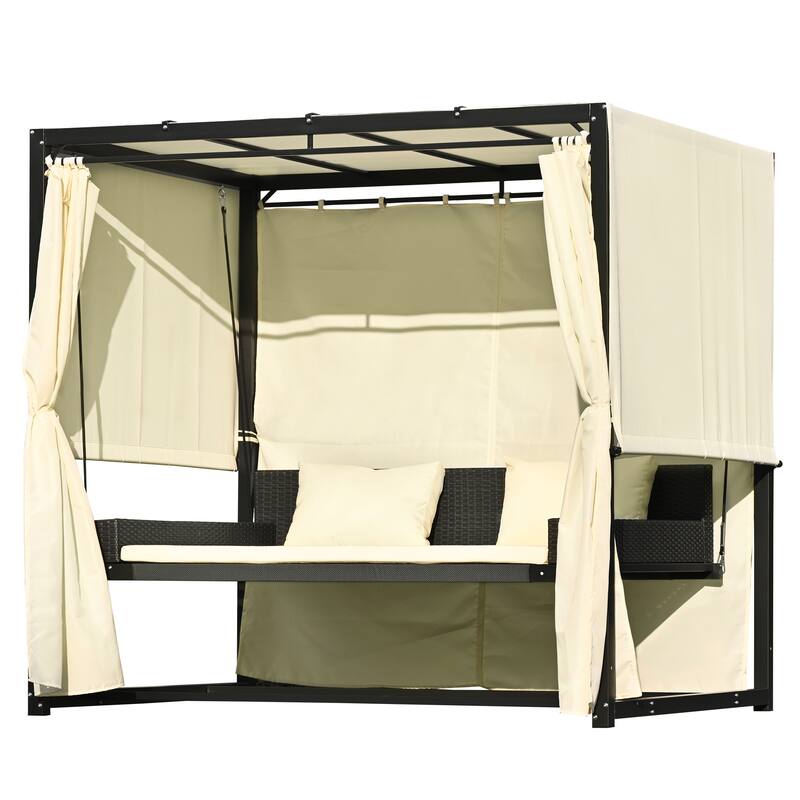 Reclining Porch Swing Bed, Gazebo Swing Chair with Adjustable Canopy