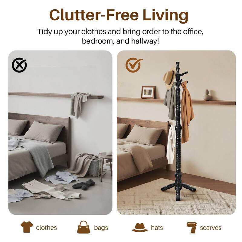 74.4" Solid Wood Coat Rack Freestanding, Coat Tree Stand with 11 Hooks - 74.4"H x 20.9"W