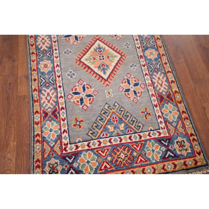 Hand Knotted Oriental 100% Wool Carpet Traditional Geometric Greys & Charcoal Kazak Area Rug - 3' 1'' X 2' 0''