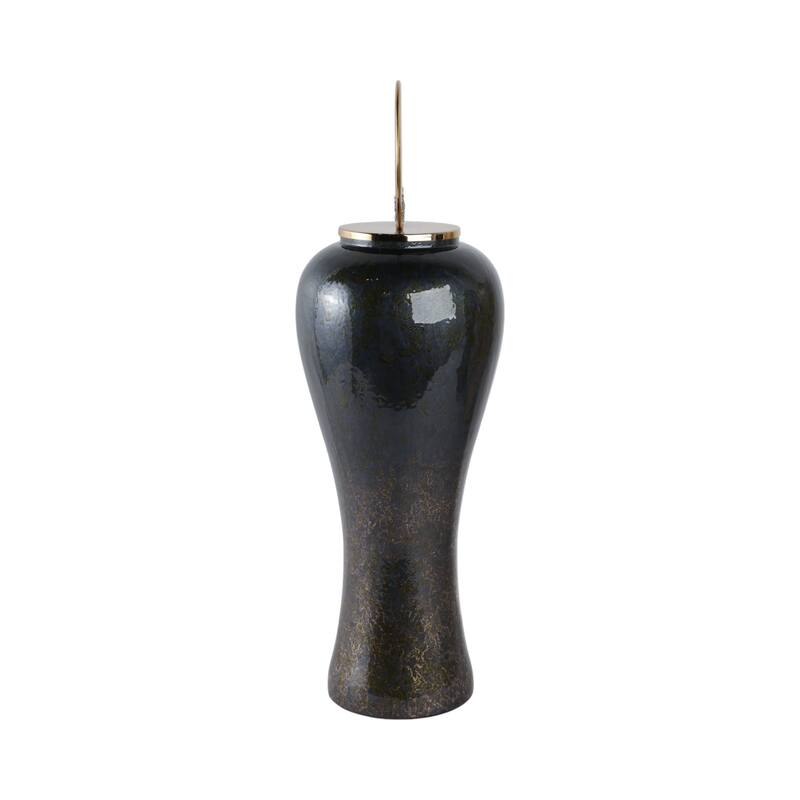 Glass Vase with Modern Sculptural Metal Brass Accent and Stone Detail