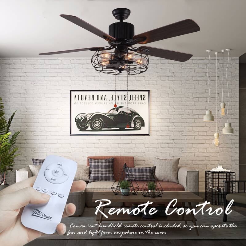 52" Industrial Ceiling Fan with Remote and Light Kit, 3-Speed Reversible Metal Caged Ceiling Fan