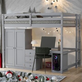 Full Size Loft Bed with Integrated Wardrobe, Desk, and Storage Drawers, Space-Saving聽