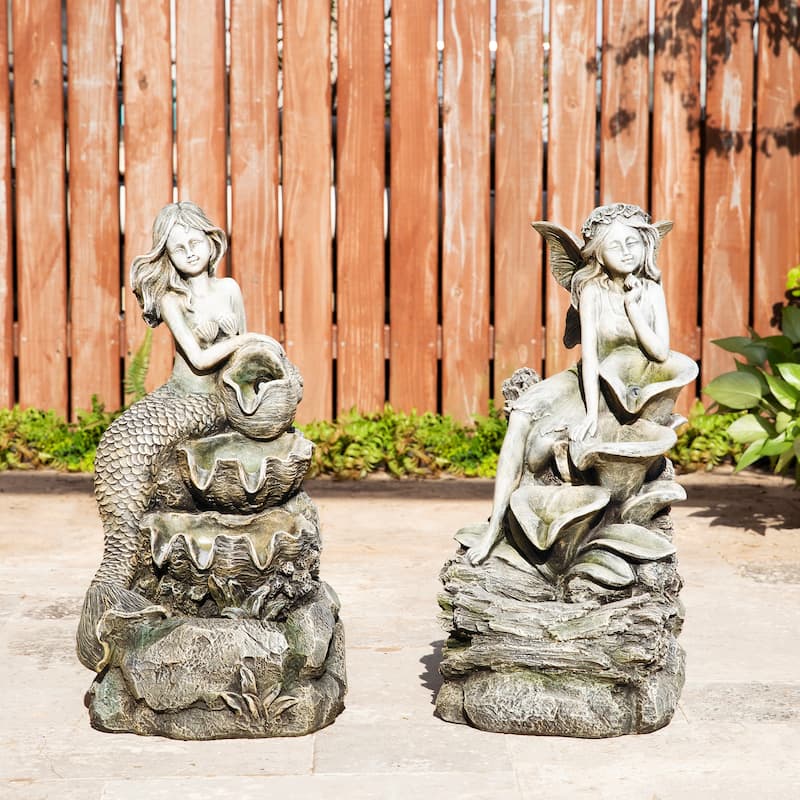 Glitzhome 22"H 4-Tiered LED Lighted Mermaid Fairy Polyresin Outdoor Floor Statue Fountains