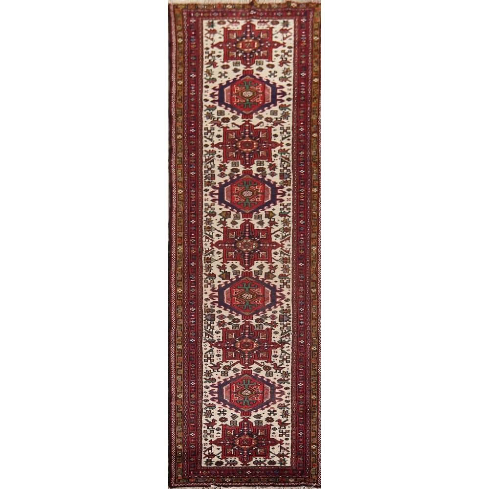 Tribal Gharajeh Persian Runner Rug Handmade Beige Wool Carpet - 2'7"x 9'7"