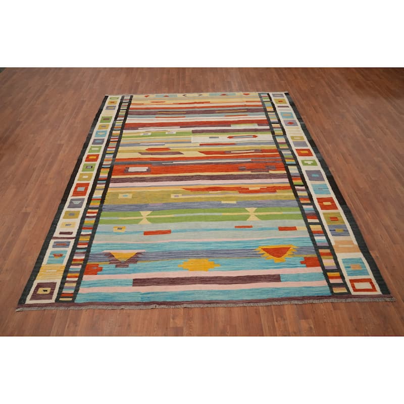 Hand Woven Oriental 100% Wool Carpet Southwestern Tribal Multi-Colored Kilim Area Rug - 9' 8'' X 8' 4''