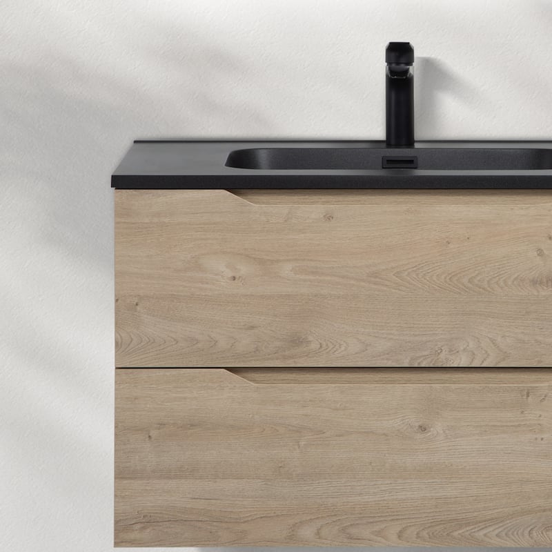 RupheonD 24"-48" Floating Bath Vanity in Evita Oak with Black Quartz Top