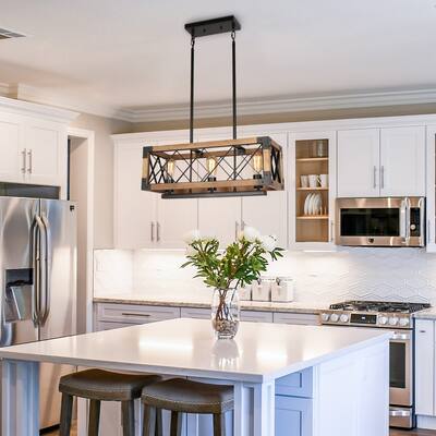 Rectangle Wood Metal Chandelier Farmhouse Style Dining Room Kitchen Lighting Fixtures 3 Lights Ceiling Hanging Pendant Lighting