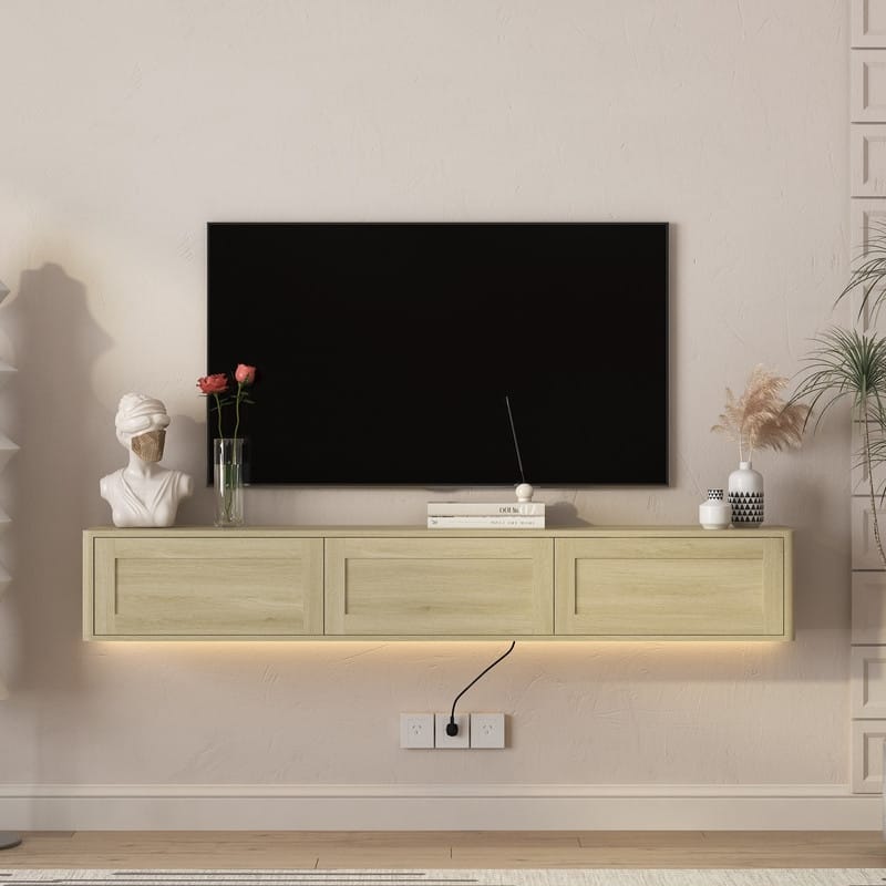 Floating 68" Wall Mounted TV Stand for TVs up to 75", Media Console Table with LED Lights and Power Outlet - Natural