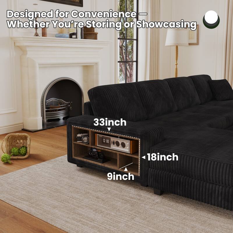 Modular Sectional Sofa with Dual Chaise Lounges, Corduroy Cloud Sofa with Armrest Storage Rack, Convertible 4-Seat Sleeper Sofa