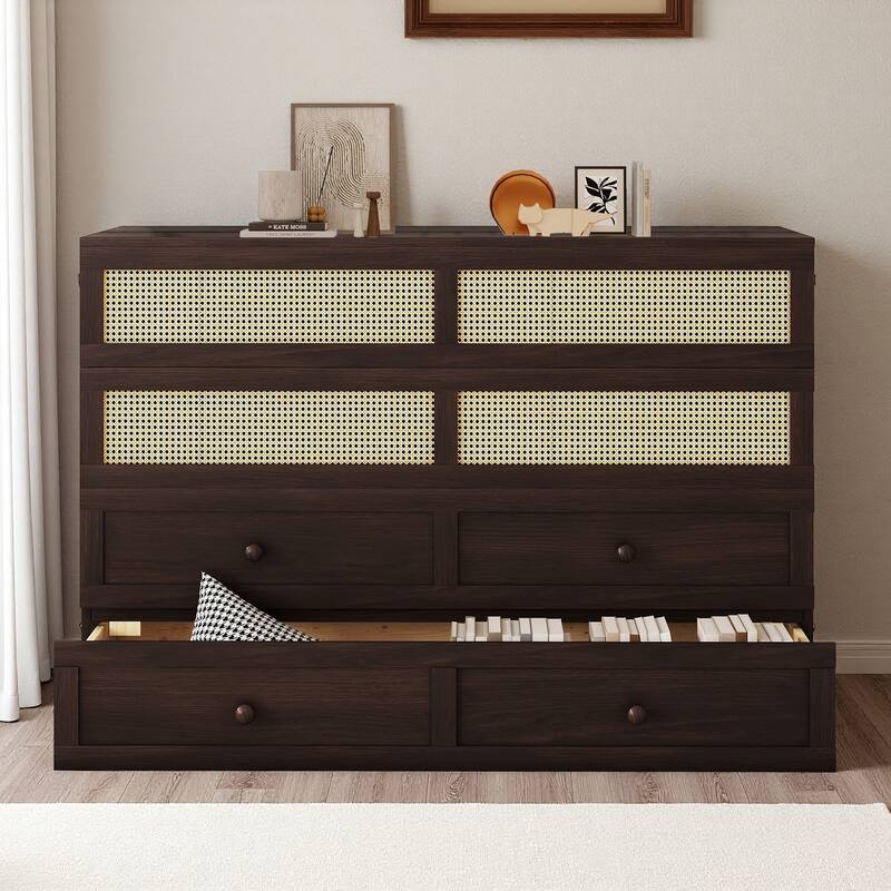 Queen Size Murphy Bed, Pine Wood Cabinet Bed with Rattan Decoration and Storage Drawer - Espresso