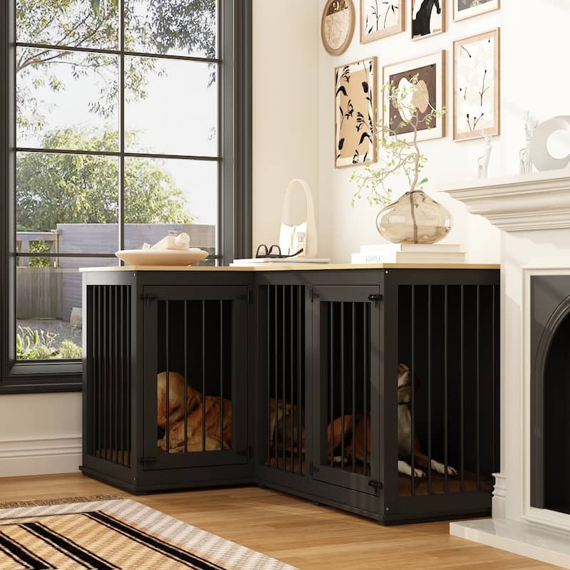 Corner Dog Crate Furniture with Removable Divider, Large Wooden Top Pet Crate End Table for Living Room
