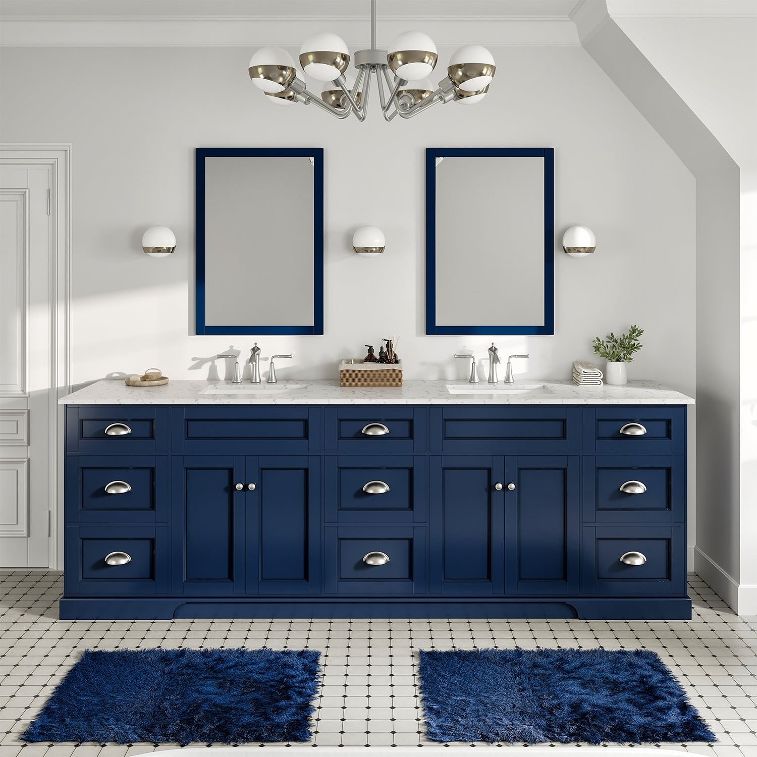 Epic 96 in. Blue DS Bath Vanity with Carrara Quartz Top & Undermount Sinks