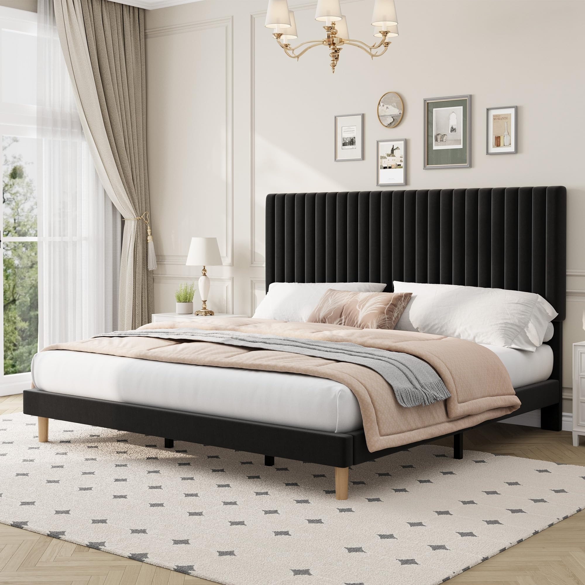 Velvet Bed Frame, Vertical Channel Tufted Headboard, Height Adjustable