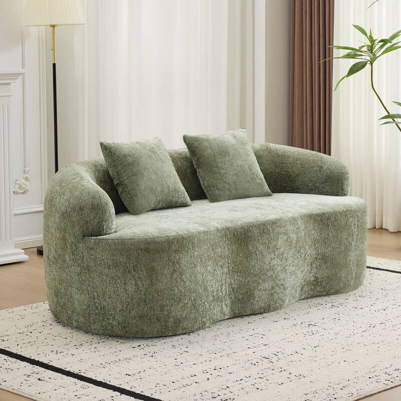 Roomfitters Green Curved Loveseat Sofa with Round Armrest, Compression Couch with 2 Pillows for Living Room & Bedroom