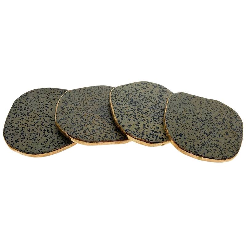 Modern Home Set of 4 Natural Dalmatian Jasper Stone Coasters with Gold/Silver Edge