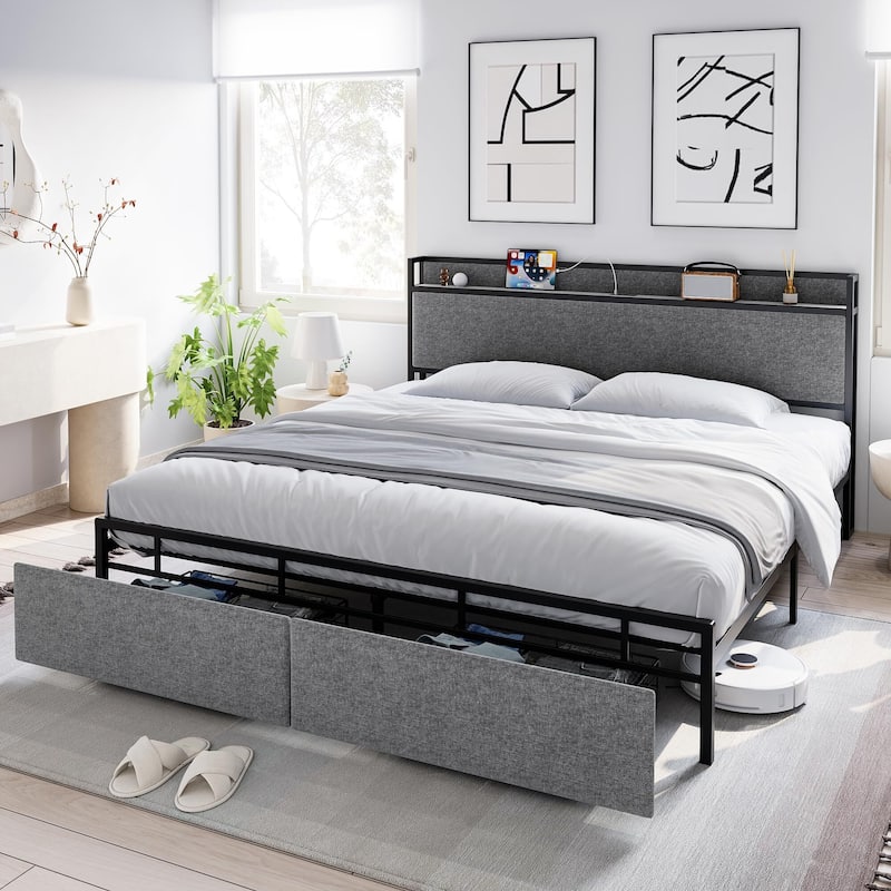 King Size Bed Frame with Storage Headboard and Charging Station