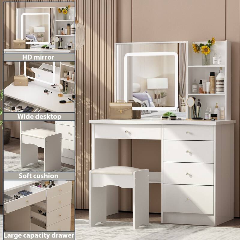 39.4"Wide Makeup Vanity Set with Stool and 3 Color Touching Mirror - 39.4"W