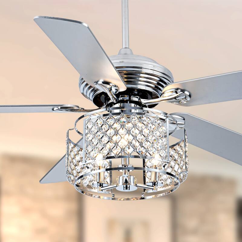 Cusp Barn 52 Inch Crystal Ceiling Fan, Chrome Reversible Chandelier, Modern Silent AC Motor Lighting Fixture for Dining Room