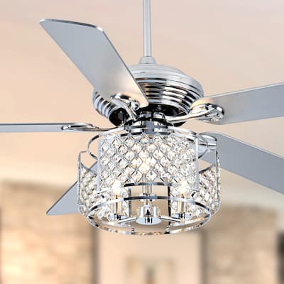 Cusp Barn 52 Inch Crystal Ceiling Fan, Chrome Reversible Chandelier, Modern Silent AC Motor Lighting Fixture for Dining Room