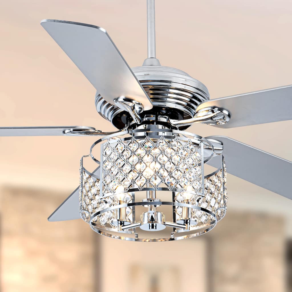 Cusp Barn 52 Inch Crystal Ceiling Fan, Chrome Reversible Chandelier, Modern Silent AC Motor Lighting Fixture for Dining Room