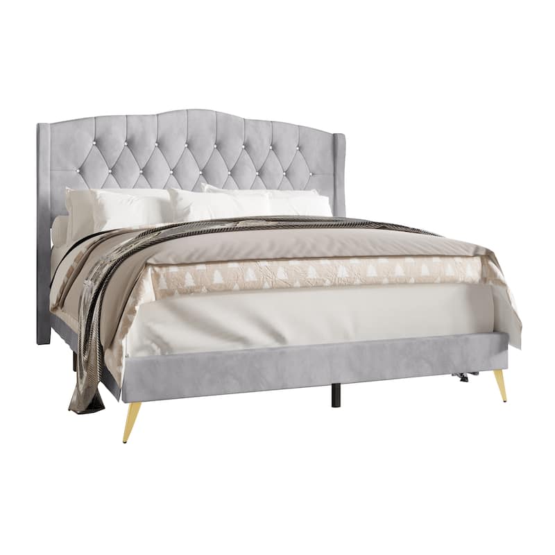 CraftPorch Velvet Diamond Button Tufted Upholstered Platform Bed