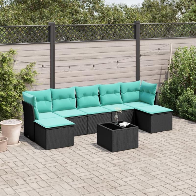 vidaXL 7 Piece Patio Sofa Set with Cushions Black Poly Rattan - 113.8x27.2x46.1-With table