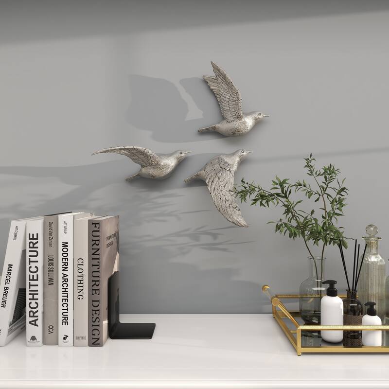Polystone Weathered 3D Floating Bird Wall Decor (Set of 3) - Dark Brown, Gold, Silver