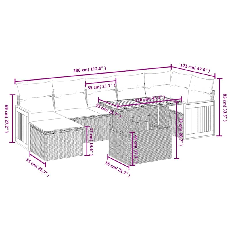 vidaXL Patio Sofa Set with Cushions Modular Conversation Set 8 Piece Poly Rattan - 21.7 x 39.4 x 28.7 in