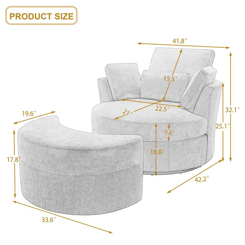 Oversized Upholstered Swivel Barrel Chairs with Storage Ottoman