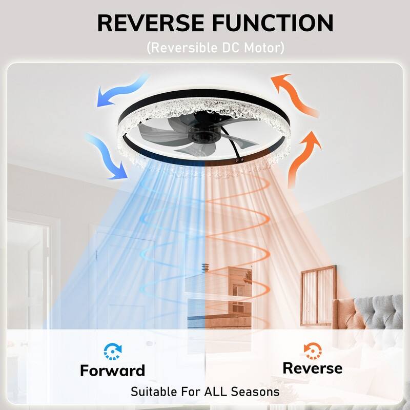 Smart Silent LED Ceiling Fan with Light Crystal Flush Mount, Hidden Blades