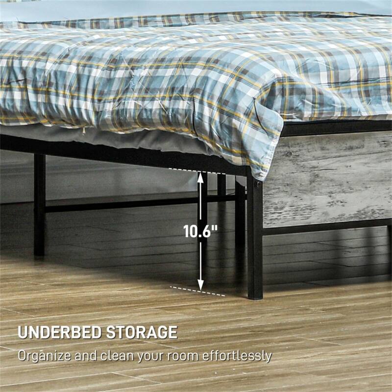 Platform Bed with Powder-Coated Metal Frame and RGB LED Remote Lights USB Charging