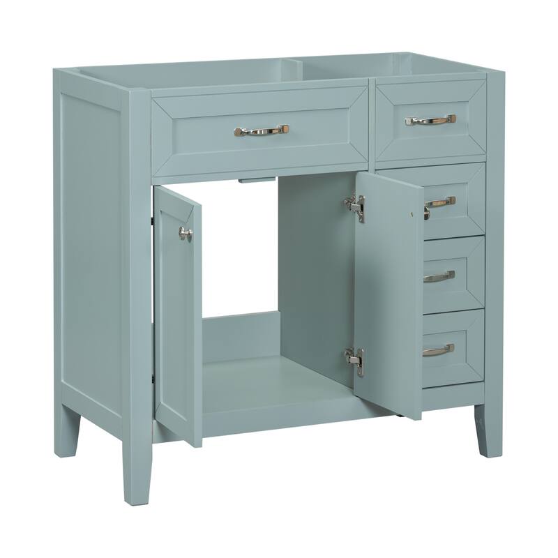 36" Modern White Bathroom Vanity Cabinet Base, 2 Doors & 3 Drawers, Solid Rubber Wood & MDF