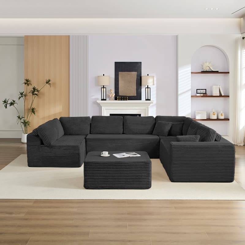 Corduroy 141'' Deep Seat Modular Sectional Sofa, Modern 8-Seater U-Shape Sofa Couch with Moveable Ottoman