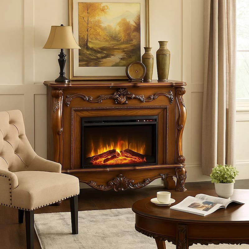 Ally 47 Inch Electric Fireplace, Scrolled Trim, Remote, Timer, Oak Brown