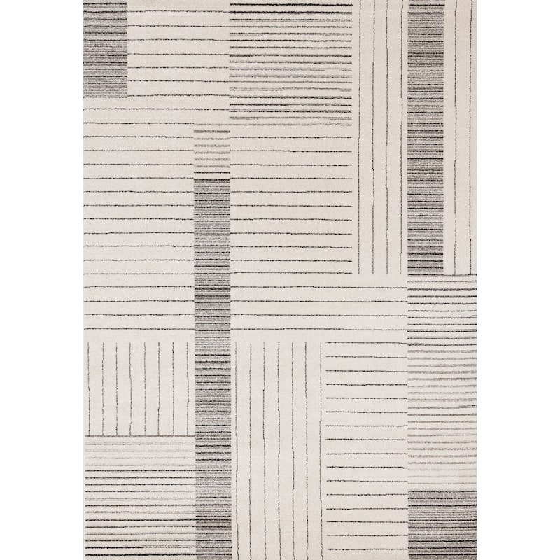 Maeve Collection - Fine White Grey Lines Modern Area Rug - 7'10" x 11'2"