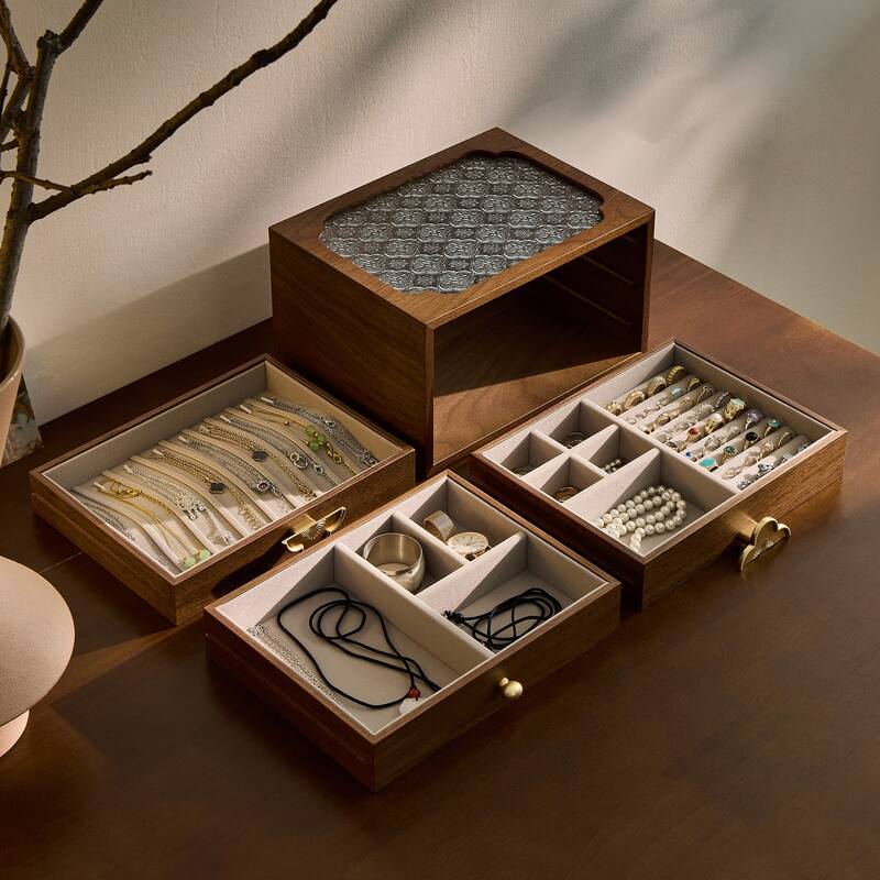 Handcrafted Black Walnut Wooden Jewelry Organizer – Glass Lid, 3 Drawers & Pull-Out Necklace Storage – Stylish Storage for Women