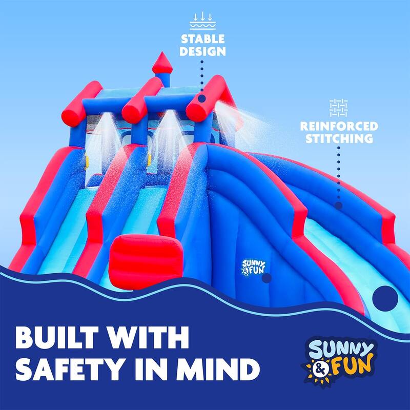 Deluxe Inflatable Water Triple Slide Park - Heavy-Duty Nylon Bouncy Station - Climbing Wall, 3 Slides & Splash Pool - Large