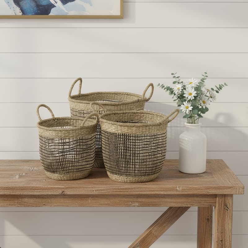 HomeRoots Set of Three Light Brown Wicker Basket - 15.748" W x 15.748" D x 13.3858" H