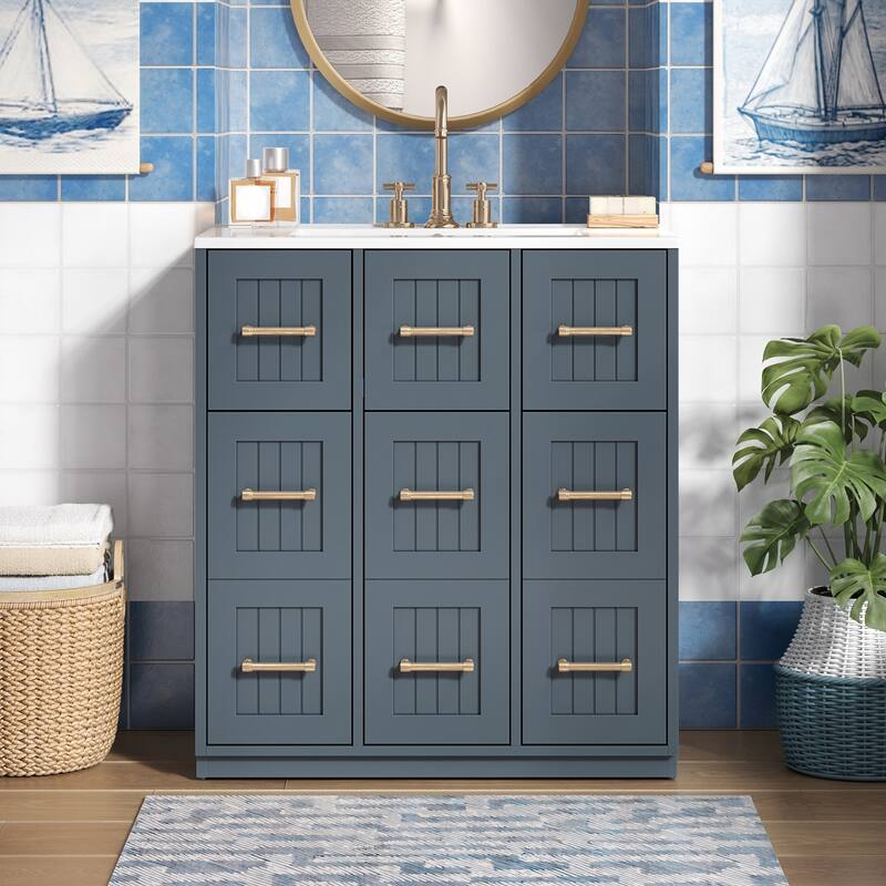 30inch Bathroom Vanity with Undermount Sink and Drawers, Painted Surface, Soft-Close Doors, Bathroom Cabinet - Blue