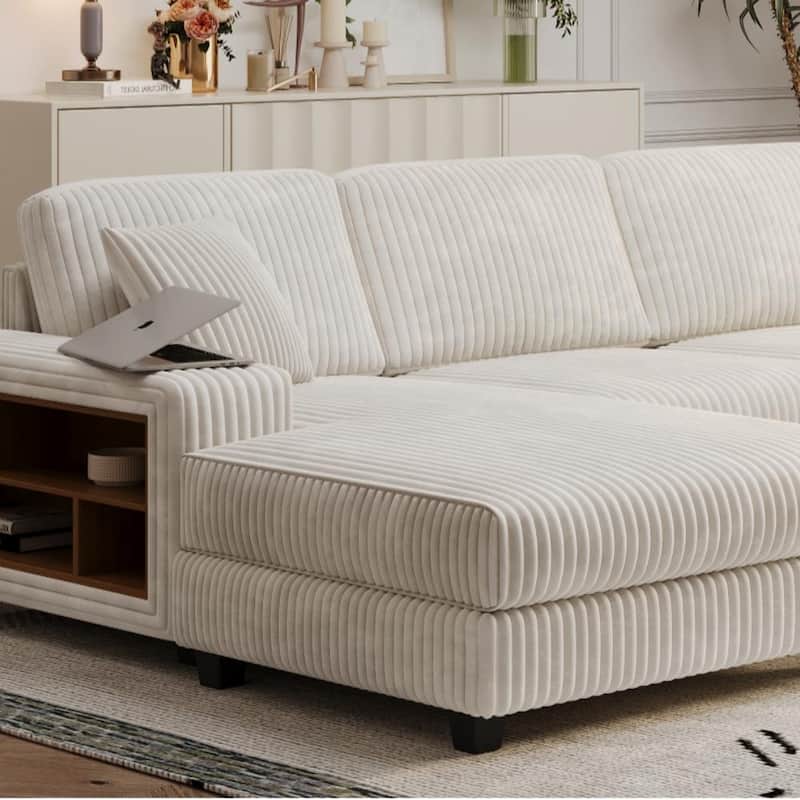 Modern Convertible U-shaped Wood Frame Sectional Sofa with Storage Armrests
