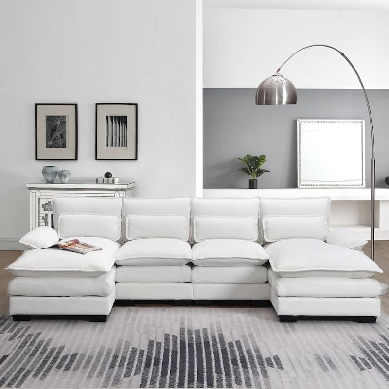 110*55" Modern U-Shaped Sectional Sofa with Waist Pillows,6-Seat Upholstered Symmetrical Sofa Furniture - White