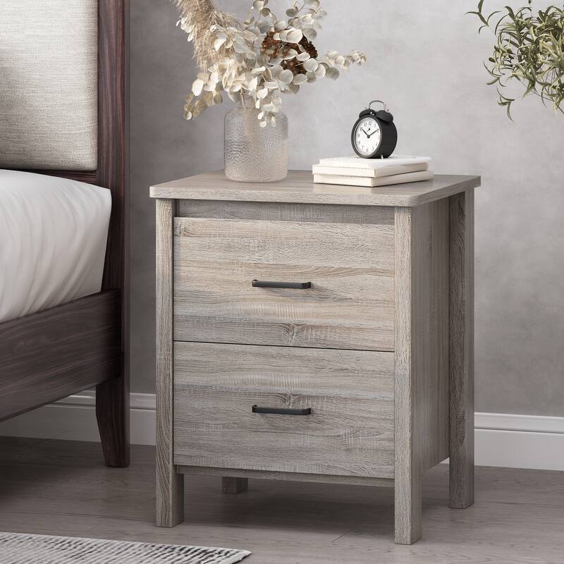 Faux Wood Nightstand with 2 Drawers, Contemporary Design, Easy Toolless Assembly, Storage Organizer for Bedroom