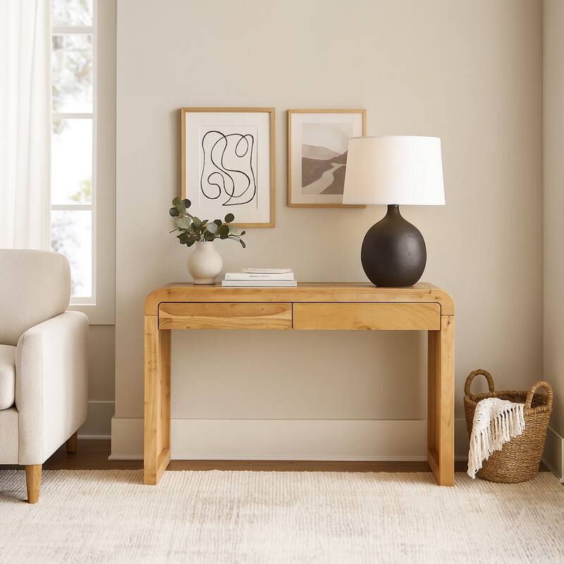 Arlow Console Table 43" Wide Top Handcrafted Natural Brown Acacia Wood Dual Drawer Storage