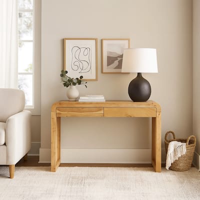 Arlow Console Table 43" Wide Top Handcrafted Natural Brown Acacia Wood Dual Drawer Storage