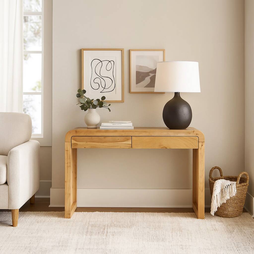 Arlow Console Table 43" Wide Top Handcrafted Natural Brown Acacia Wood Dual Drawer Storage