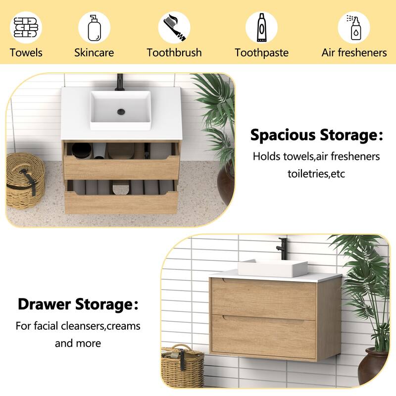 36" Solid Wood Bathroom Vanity with White Quartz Countertop Ceramic Square Sink