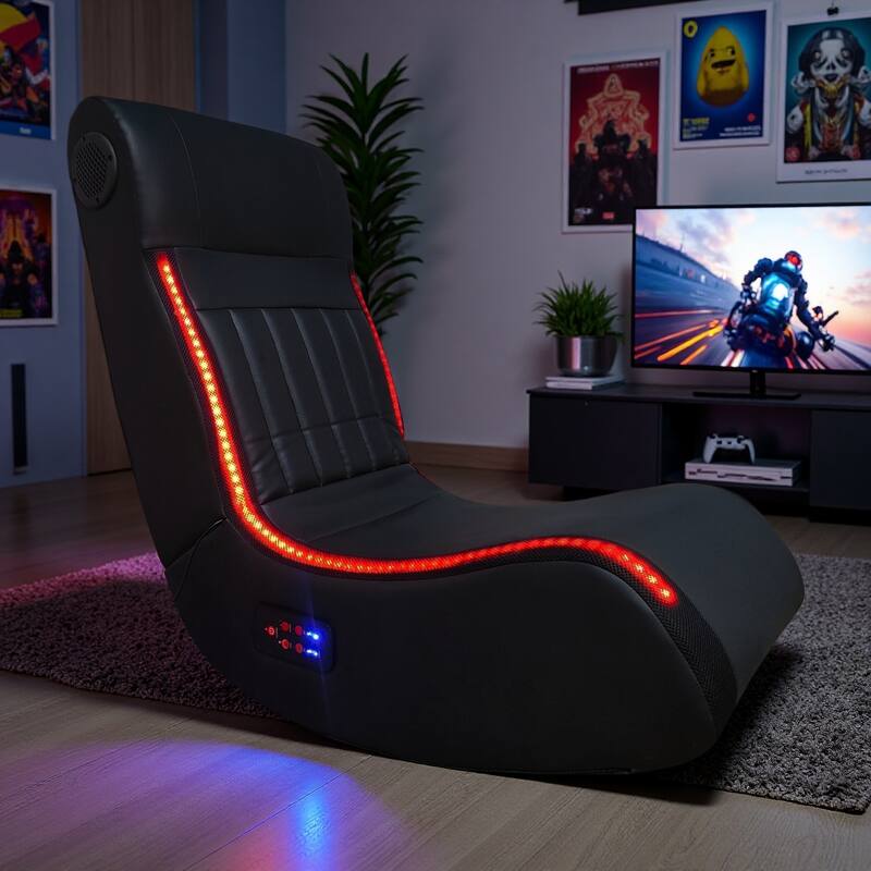 Polyester Foldable Gaming Chair with Bluetooth Speakers, LED Lighting, Vibration Massage and USB Charging Port - Black
