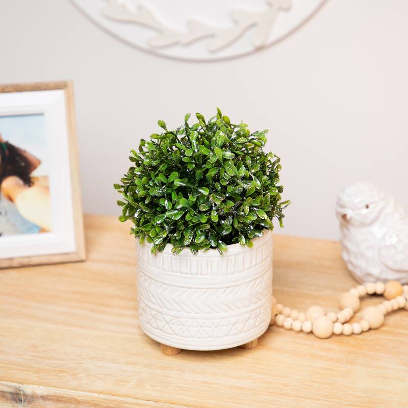 Glittered Boxwood Artificial Ball Topiary - 5" - Green and Silver